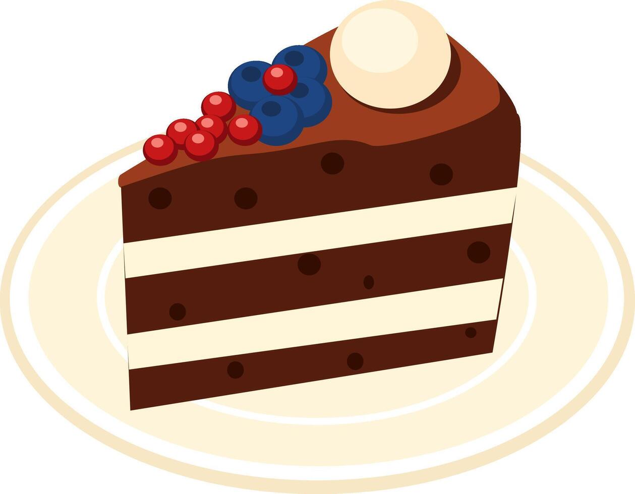 A slice chocolate cake with blue and red cherries vector