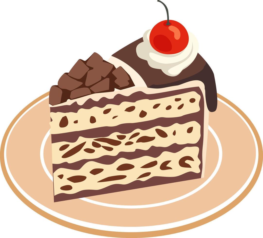 A slice chocolate cake with cherry on top vector
