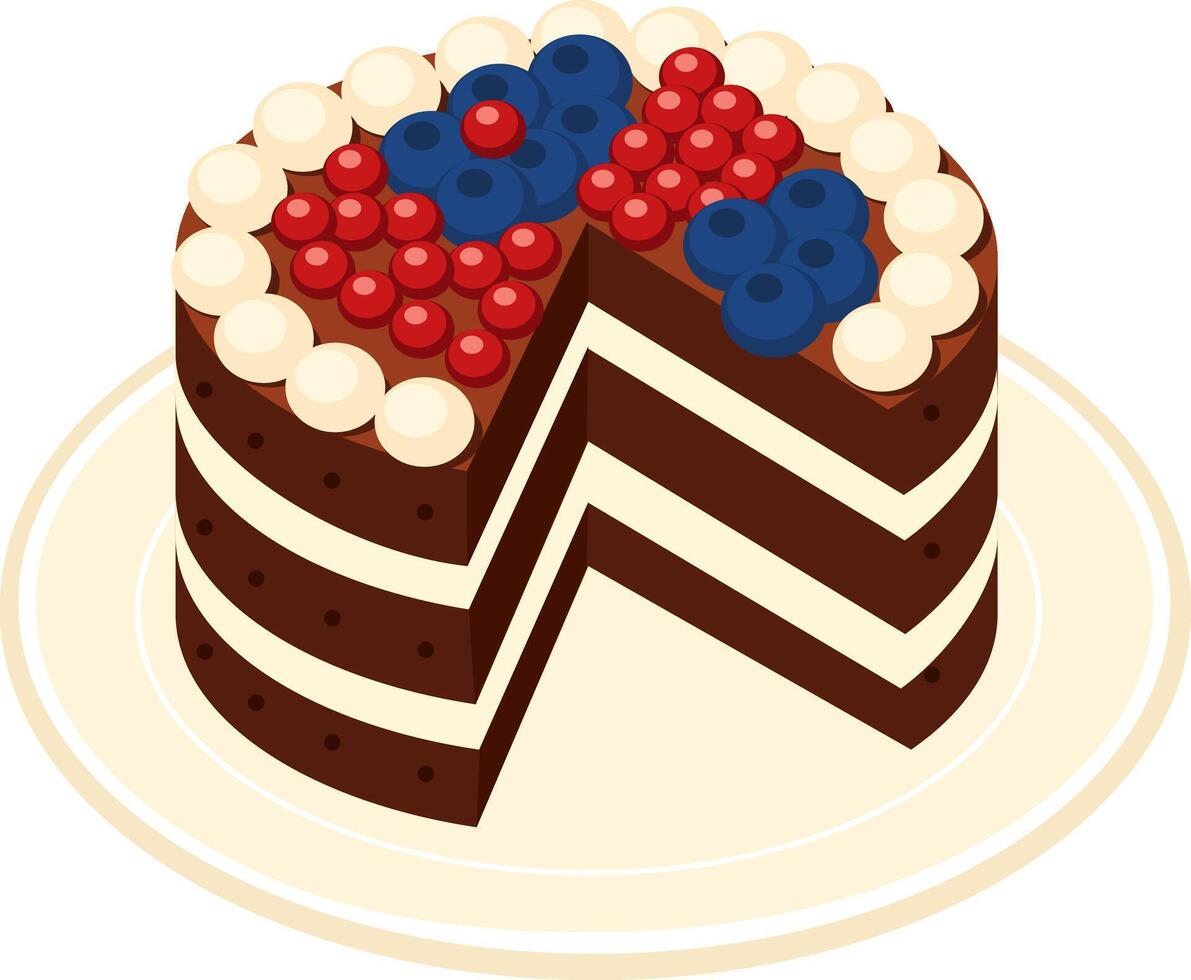 chocolate cake slice with blue and red cherries vector