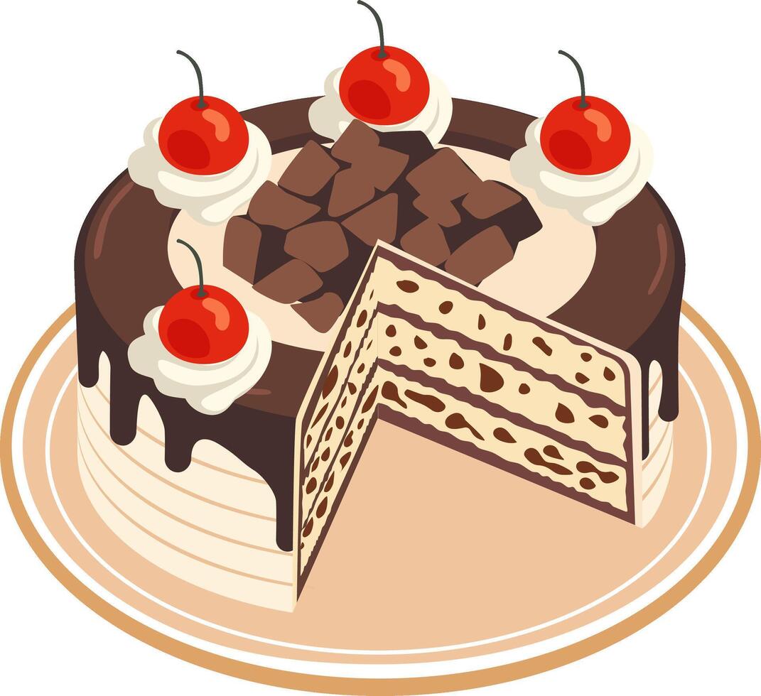 chocolate cake slice with cherry on top vector