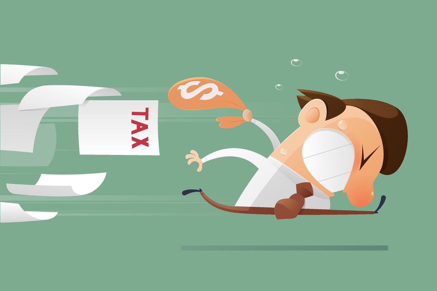 Cartoon illustration shows a businessman trying to avoid heavy tax vector