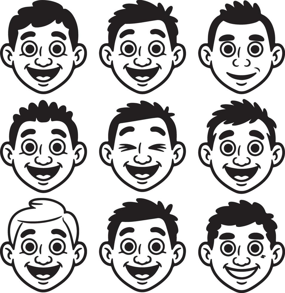 Nine Black and White Cartoon Boy Silhouettes Smiling Joyfully Large Eyes Happy Expressions vector