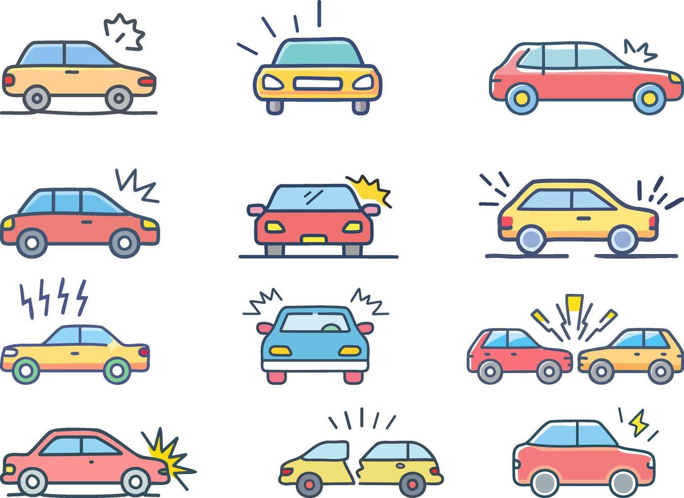 Car Accident and Insurance Icon Set Colorful Flat Cartoon Style vector