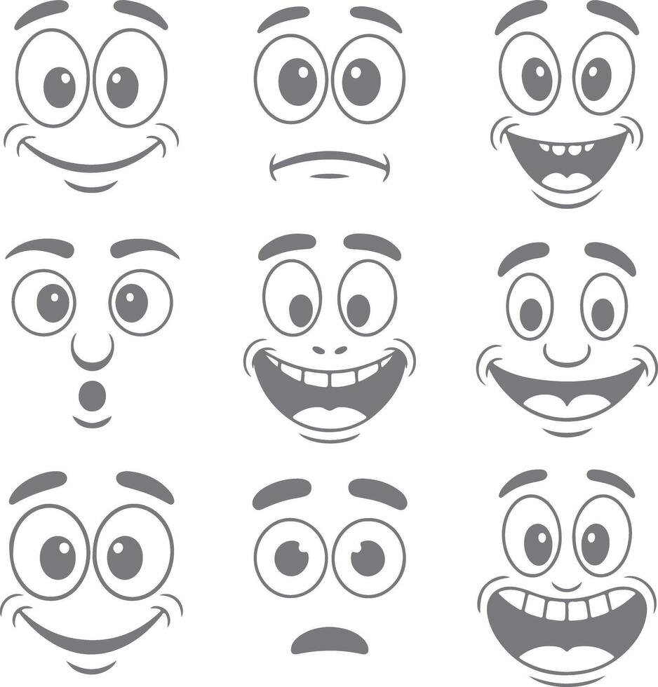 Nine Gray Cartoon Face Silhouettes Displaying Diverse Expressions Including Happy Surprised Sad and Excited Emotions Simple Illustrations vector