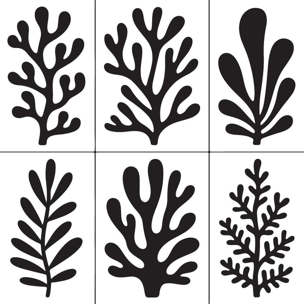 Six Black Silhouette Botanical Illustrations Organic Shapes Abstract Plant Forms Simple Minimalist Style Graphic Design Elements Set vector