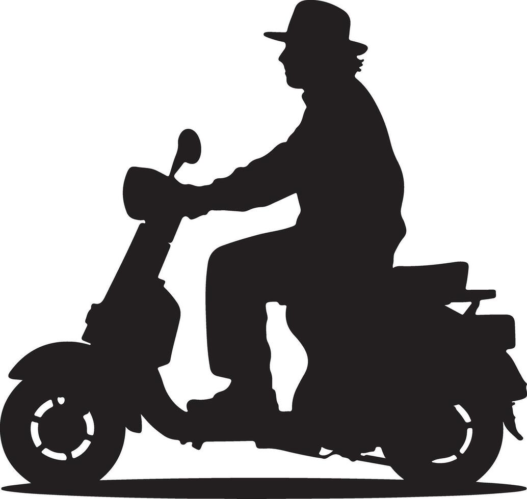 Black Silhouette of a Man Wearing a Hat Riding a Scooter Side Profile View vector