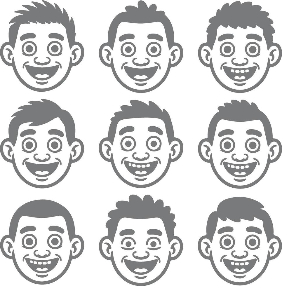 Nine Grey Silhouette Cartoon Boy Heads Showing Different Hairstyles and Happy Expressions vector
