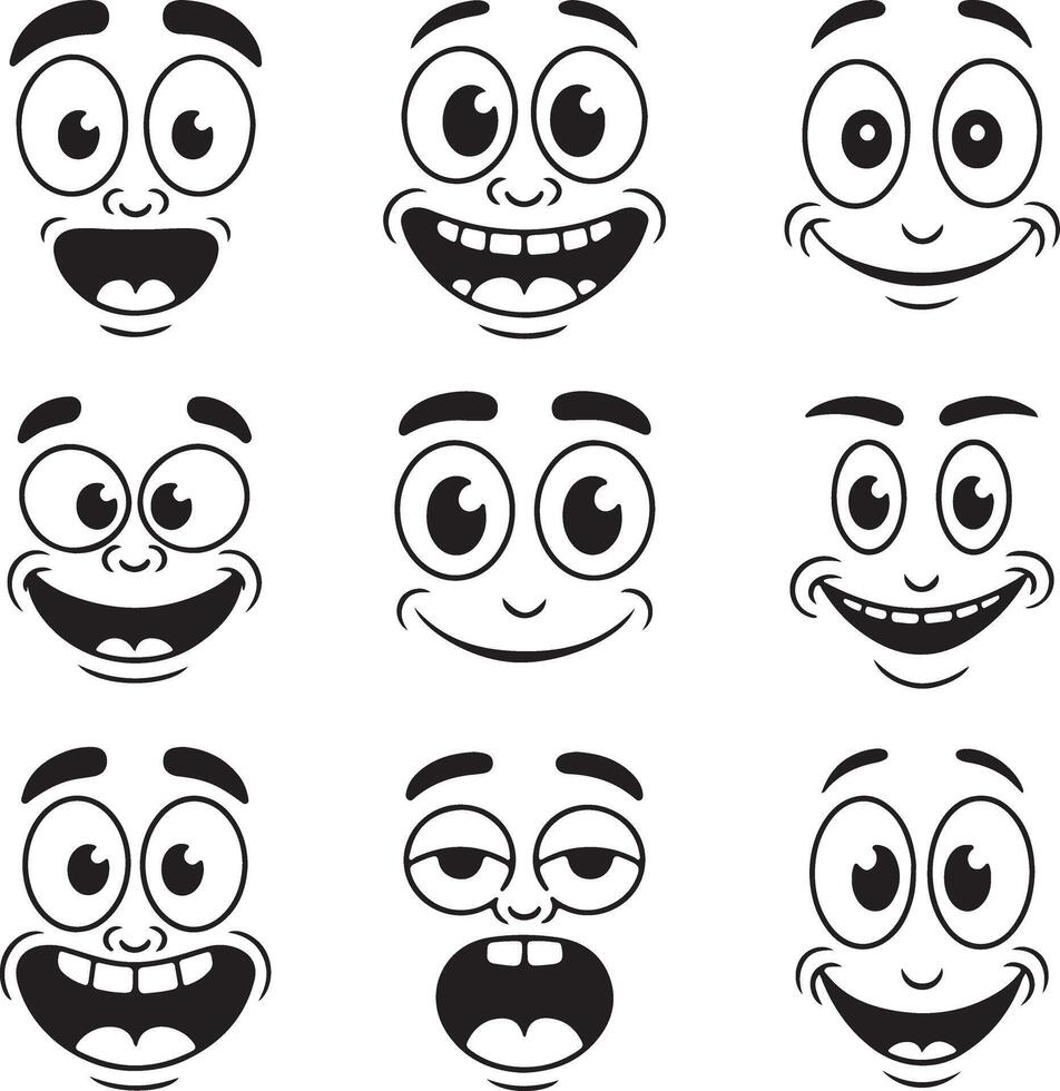 Nine Black and White Cartoon Face Silhouettes Displaying a Variety of Expressions Including Happy Surprised and Yawning vector