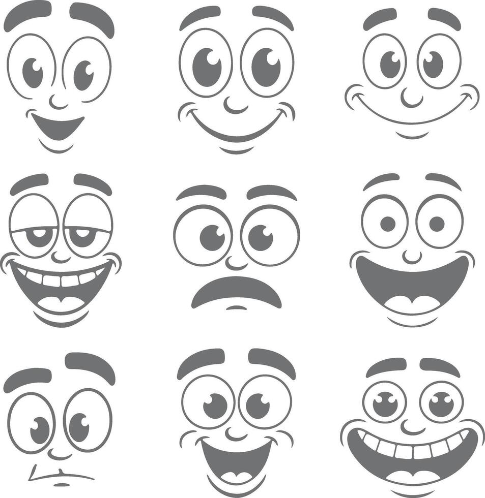 Nine Gray Cartoon Faces Showing Various Expressions Happy Surprised Sad Annoyed Smiling Wide Grinning Eyes Eyebrows Mouths Silhouette vector