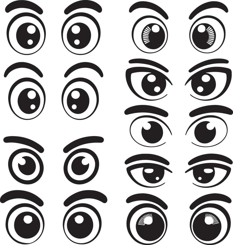 Collection of Cartoon Eyes Illustrations Black and White Simple Silhouette Designs Various Expressions Eyebrows vector