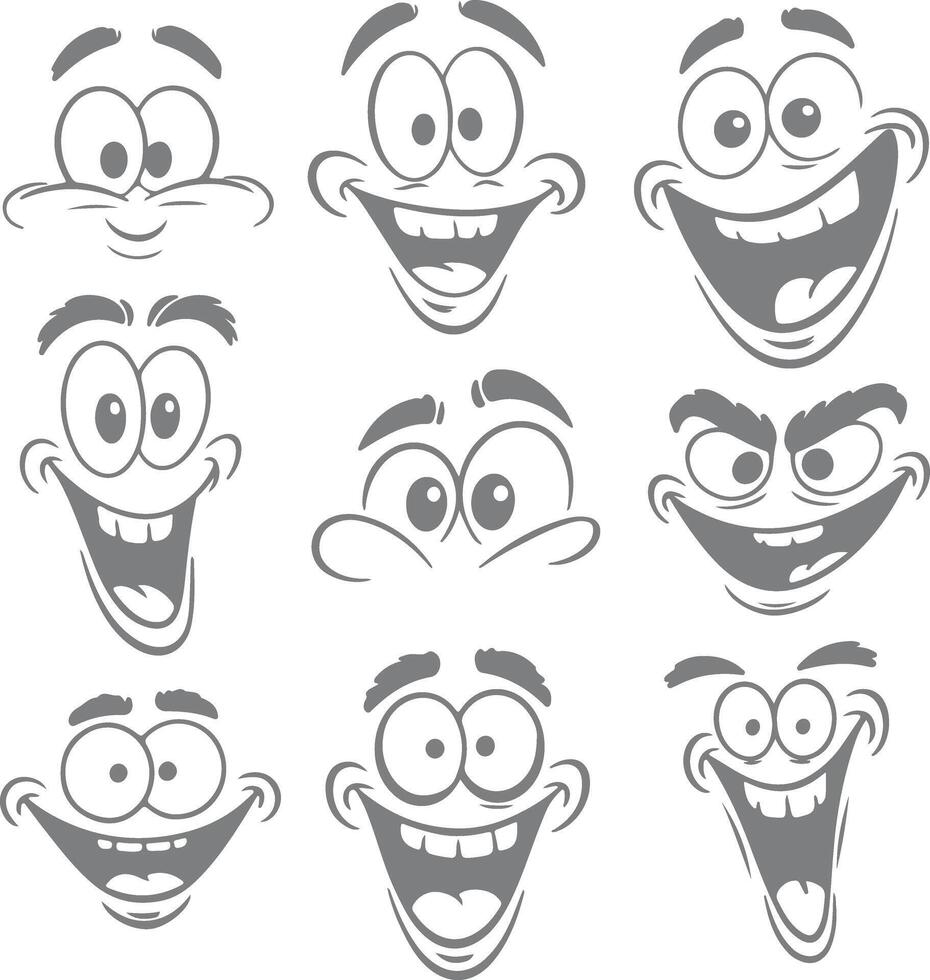Nine Gray Scale Cartoon Faces with Varying Expressions Wide Eyes Big Smiles and Eyebrows Silhouette Style Illustrations vector