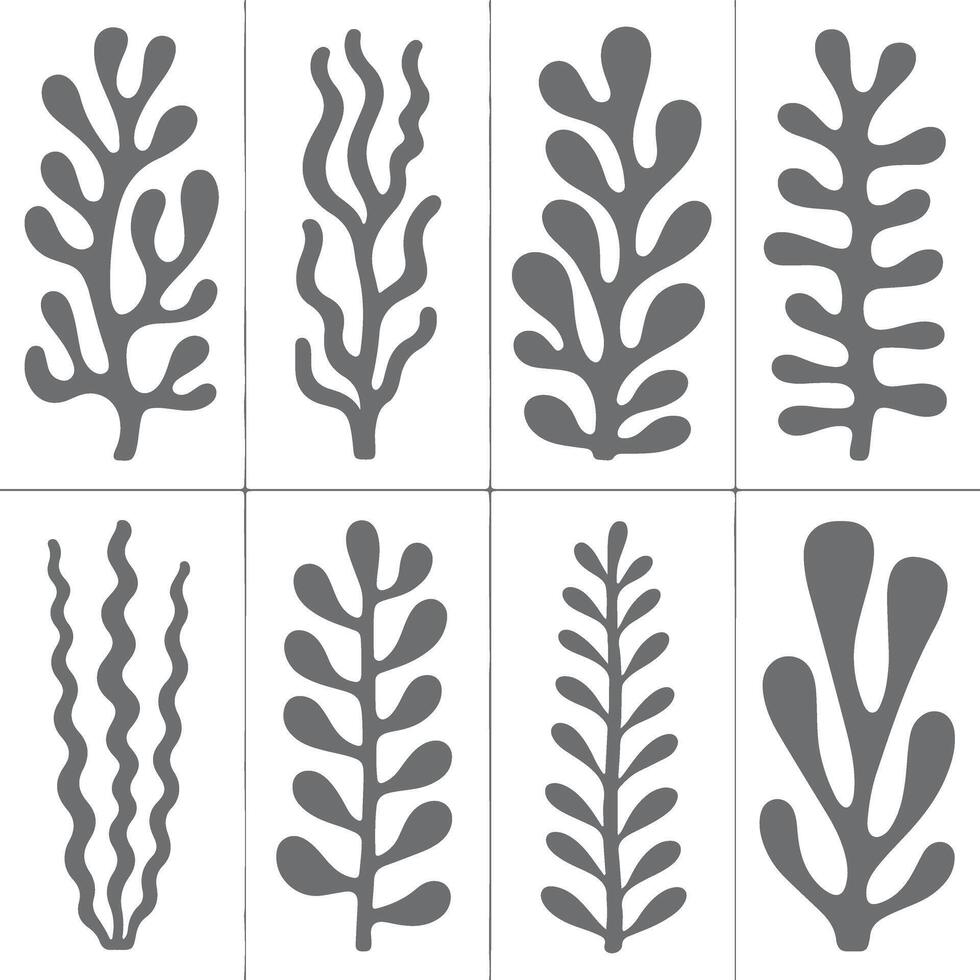 Eight Gray Abstract Seaweed Silhouette Designs on White Background Simple Botanical Illustrations Set of Organic Forms for Textile Print vector