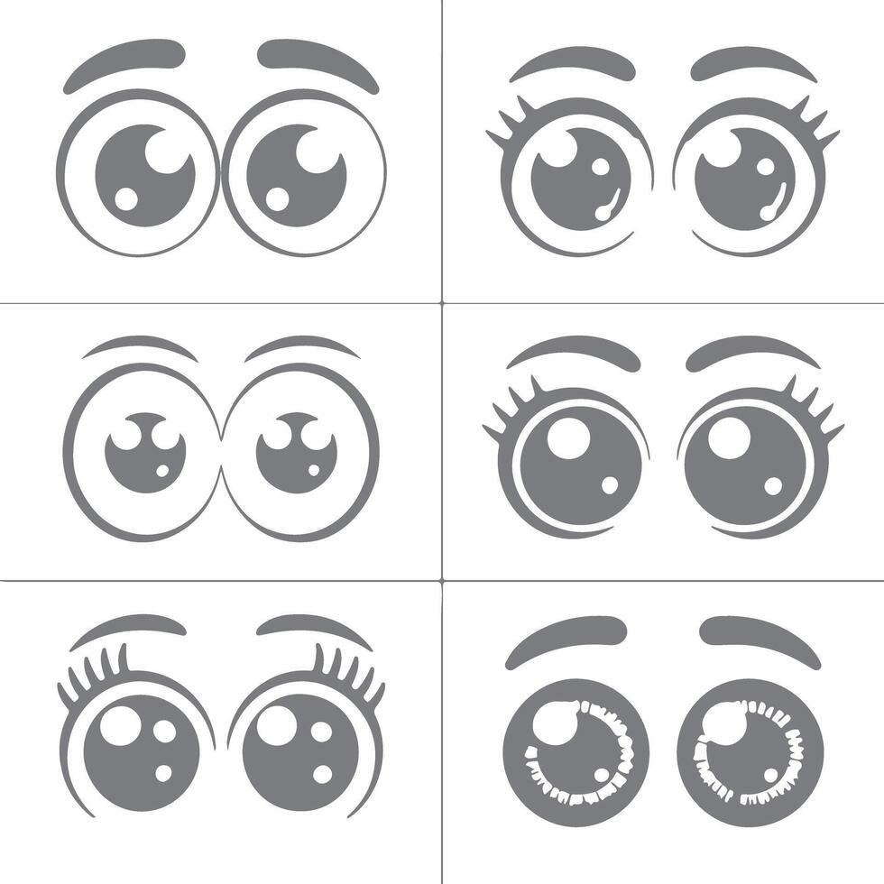 Six Pairs of Gray Cartoon Eyes Various Styles Eyebrow Shapes and Lashes Silhouette Design Elements for Animation or Graphic Design Projects vector