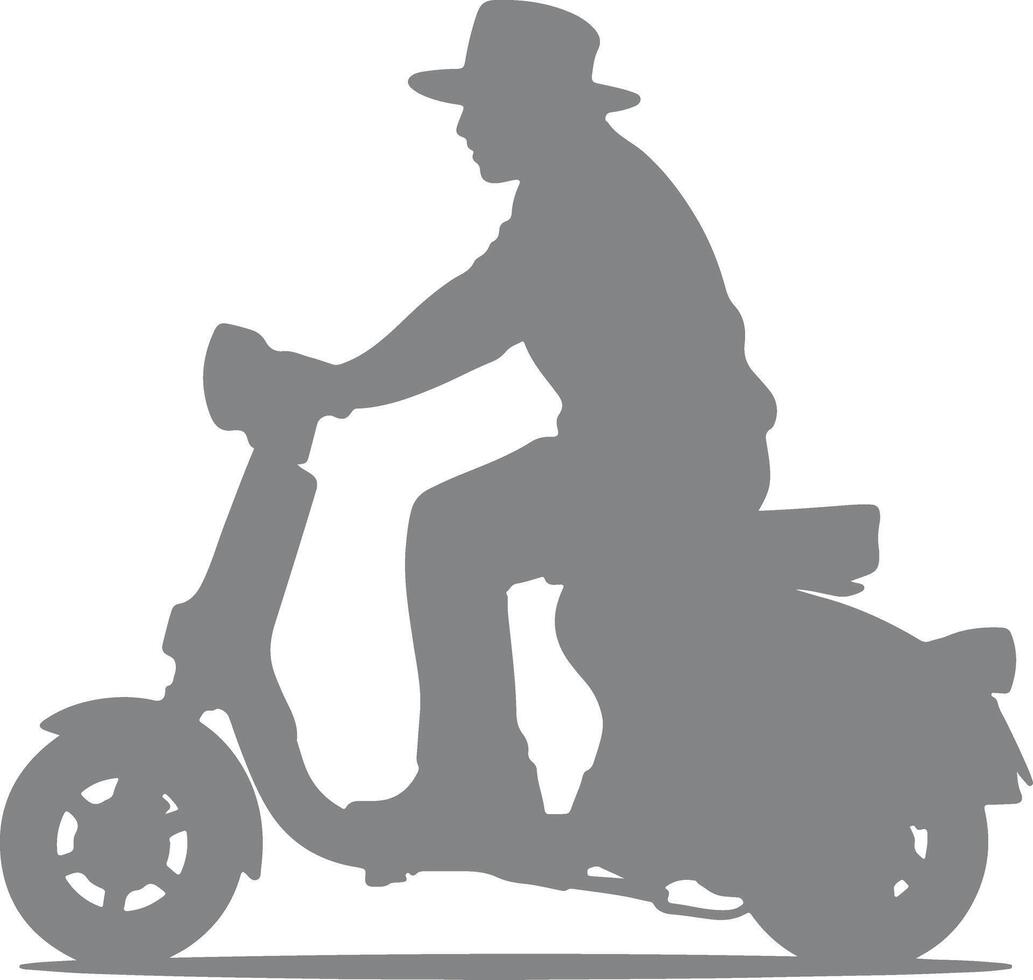 Grey Silhouette of a Person Wearing a Hat Riding a Vintage Scooter on a White Background vector