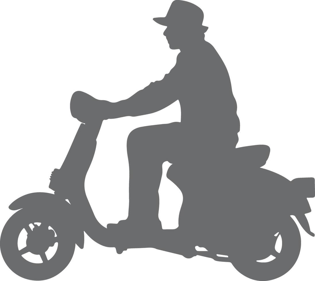 Gray Silhouette of a Person Wearing a Hat Riding a Scooter on a White Background Simple Minimalist Illustration vector