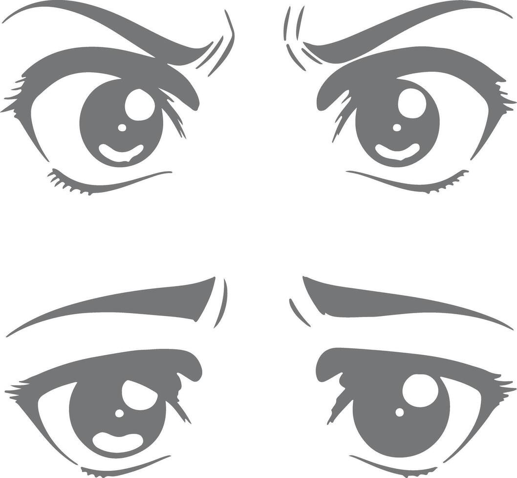 Four Gray Scale Anime Style Eye Silhouettes with Varying Expressions Showing Different Eyebrow Positions and Pupil Shapes vector