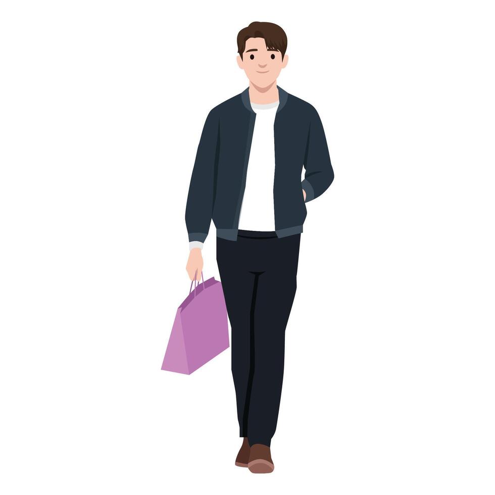 Young man walks confidently while holding a pink shopping bag, dressed in casual yet stylish outfit. vector