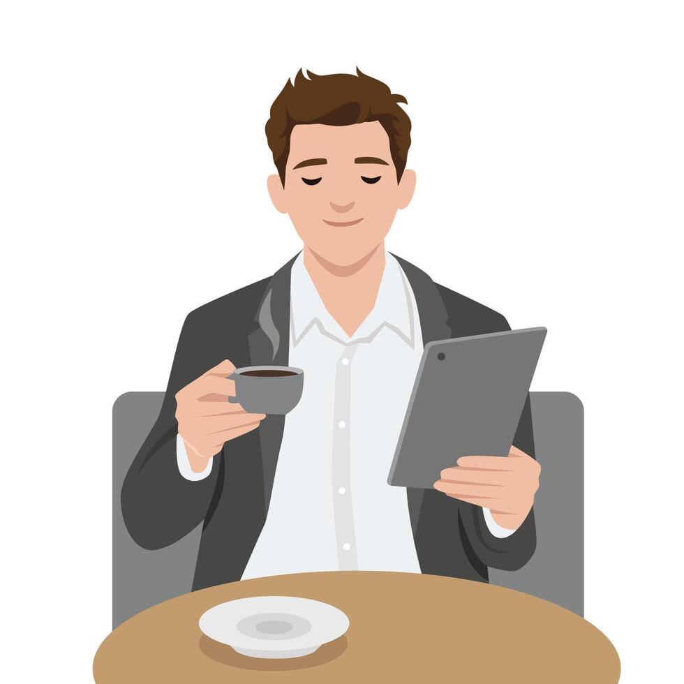 Man enjoys a peaceful coffee break while reading from a tablet, Smart casual attire at a cozy table. vector