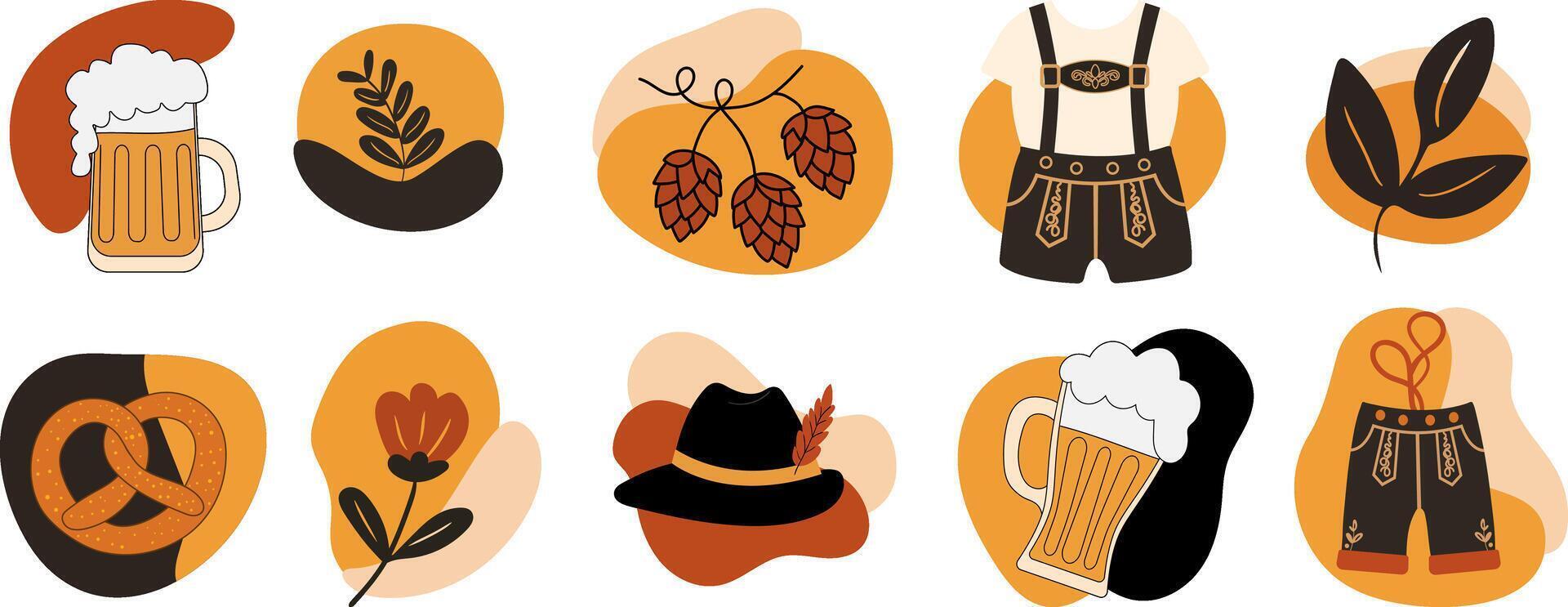 oktoberfest sticker set with beer mugs pretzels lederhosen and hops on abstract shapes ideal german festival themed designs digital stickers web design vector