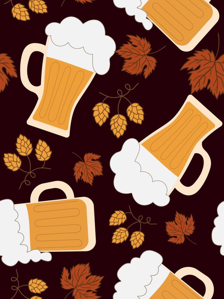 estive harvest background with frothy beer mugs hops and colorful fall foliage ideal for pubs breweries and seasonal marketing materials vector
