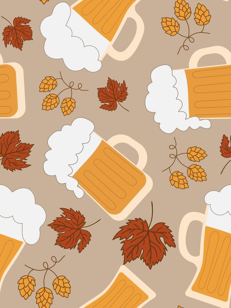seamless beer and autumn leaves pattern on a beige background perfect for oktoberfest fall celebrations and seasonal beverage themes vector