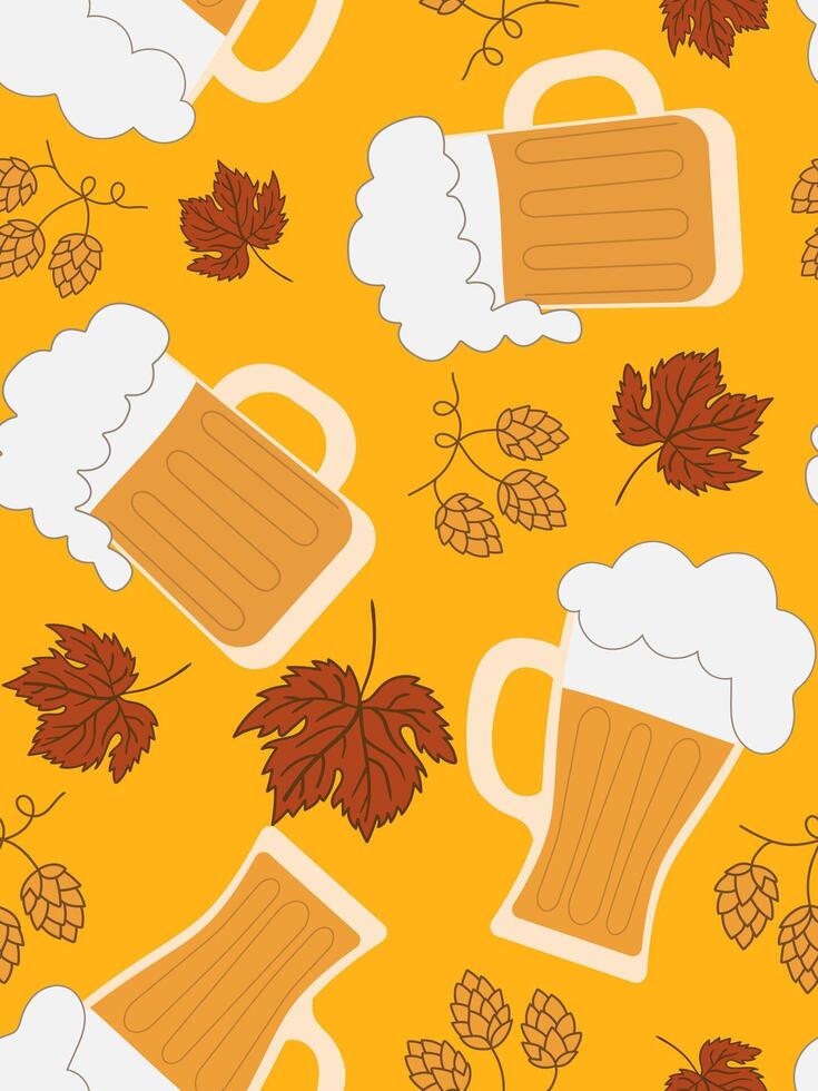 cozy autumnal seamless design featuring refreshing beer steins and vibrant maple leaves a warm and inviting print for rustic themes poster card vector