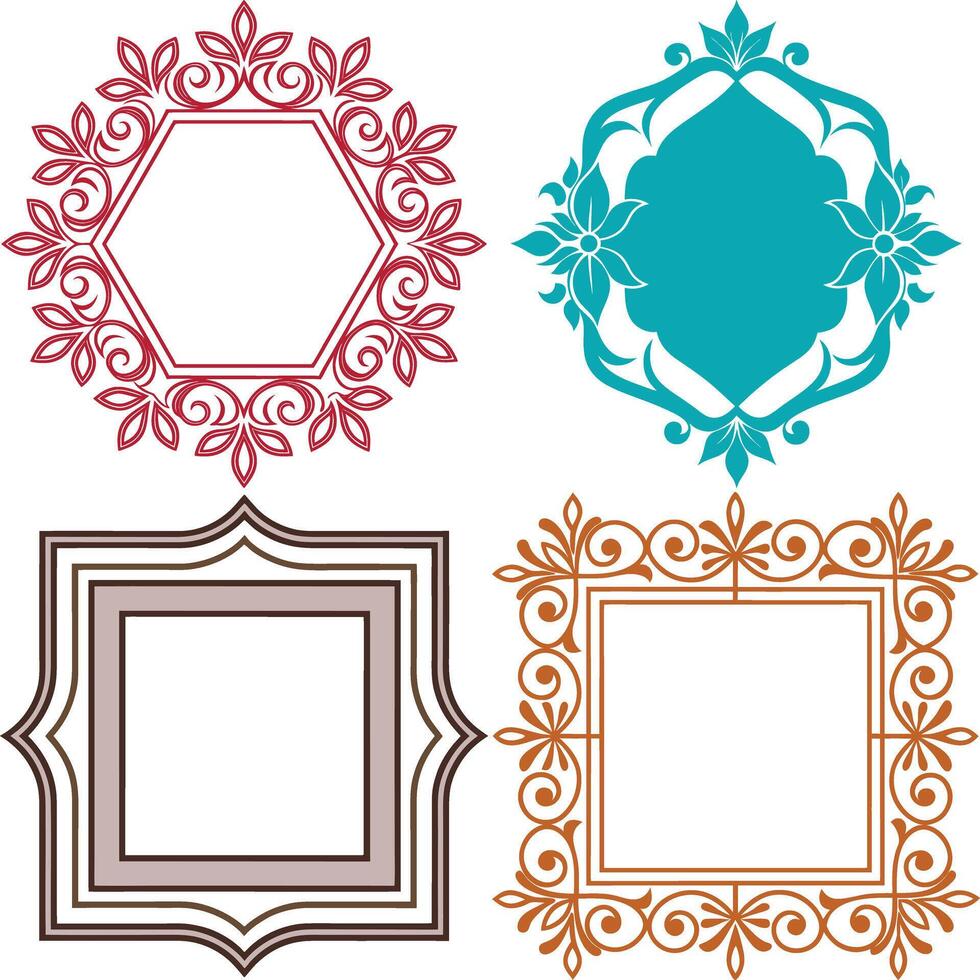 Floral Frames with Decorative Borders and Geometric Shapes on White Backdrop vector