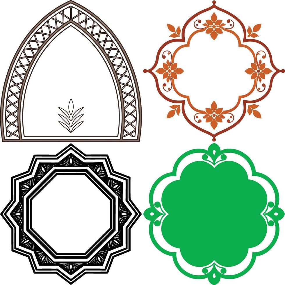 Ornamental Frames Set Arched, Floral, Octagonal, and Clover, Isolated on White vector