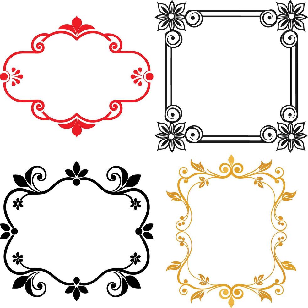 Assorted Decorative Floral Frames in Black, Red and Gold on White Background vector