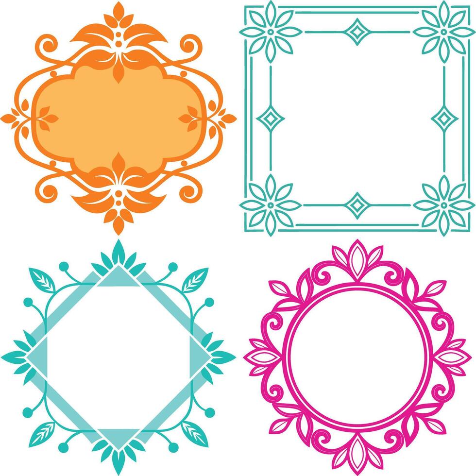 Four Floral Frames with Retro Outlines in Orange, Teal, and Fuchsia on White vector