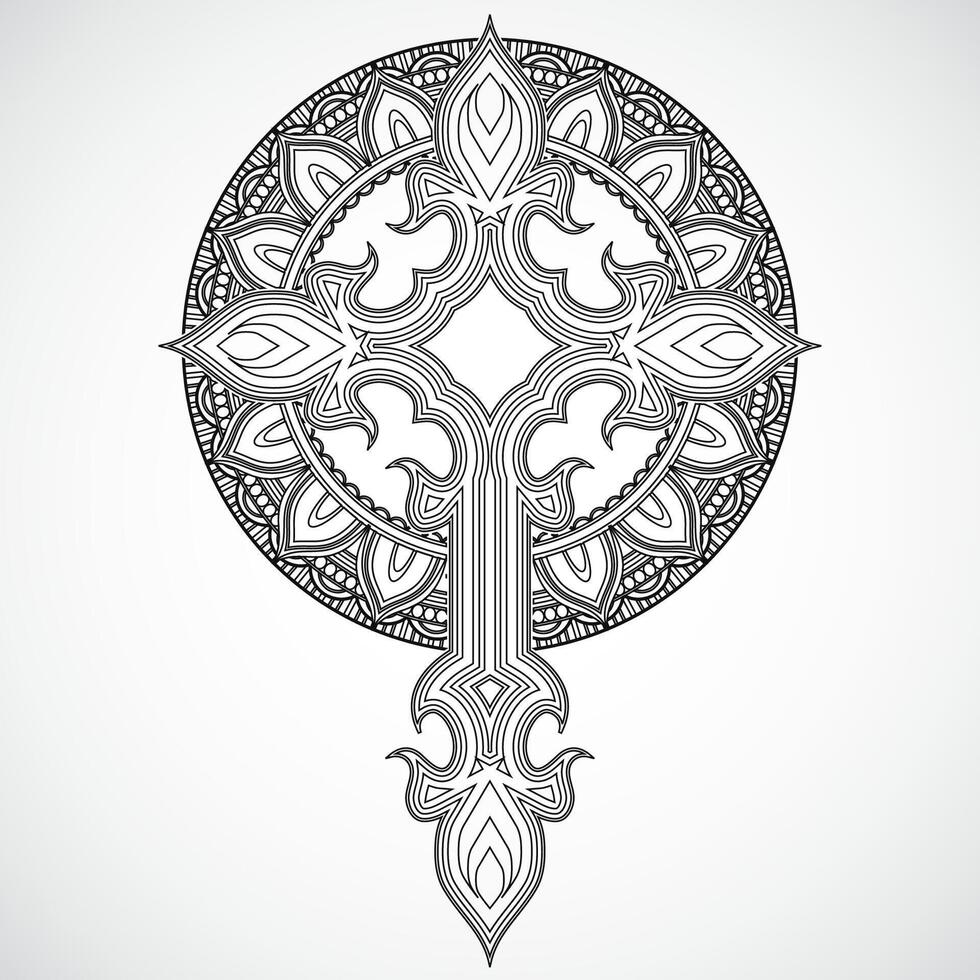 black linear ornamental cross with glory circle vector