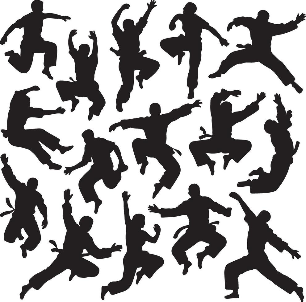 Collection of Black Silhouettes of Martial Artists Performing Dynamic Jumps and Kicks White Background vector