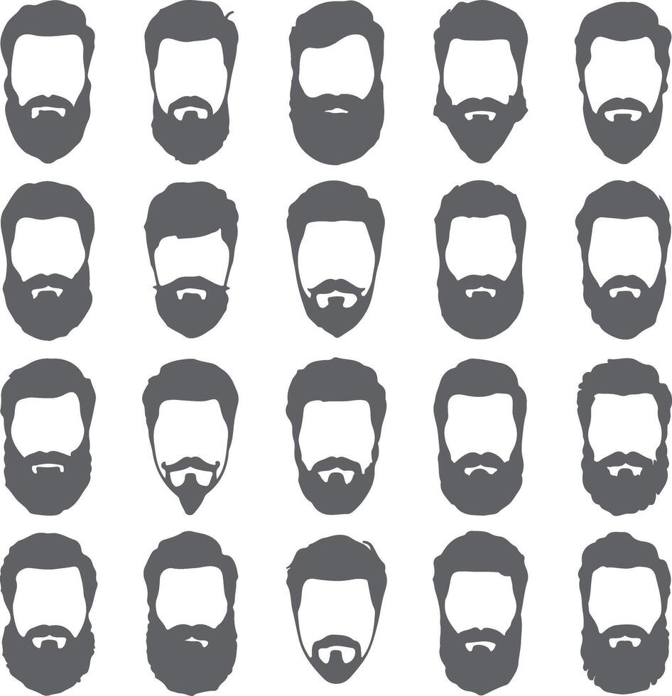 Twenty gray silhouette illustrations of men with various beard styles short hair and no facial features except beards vector