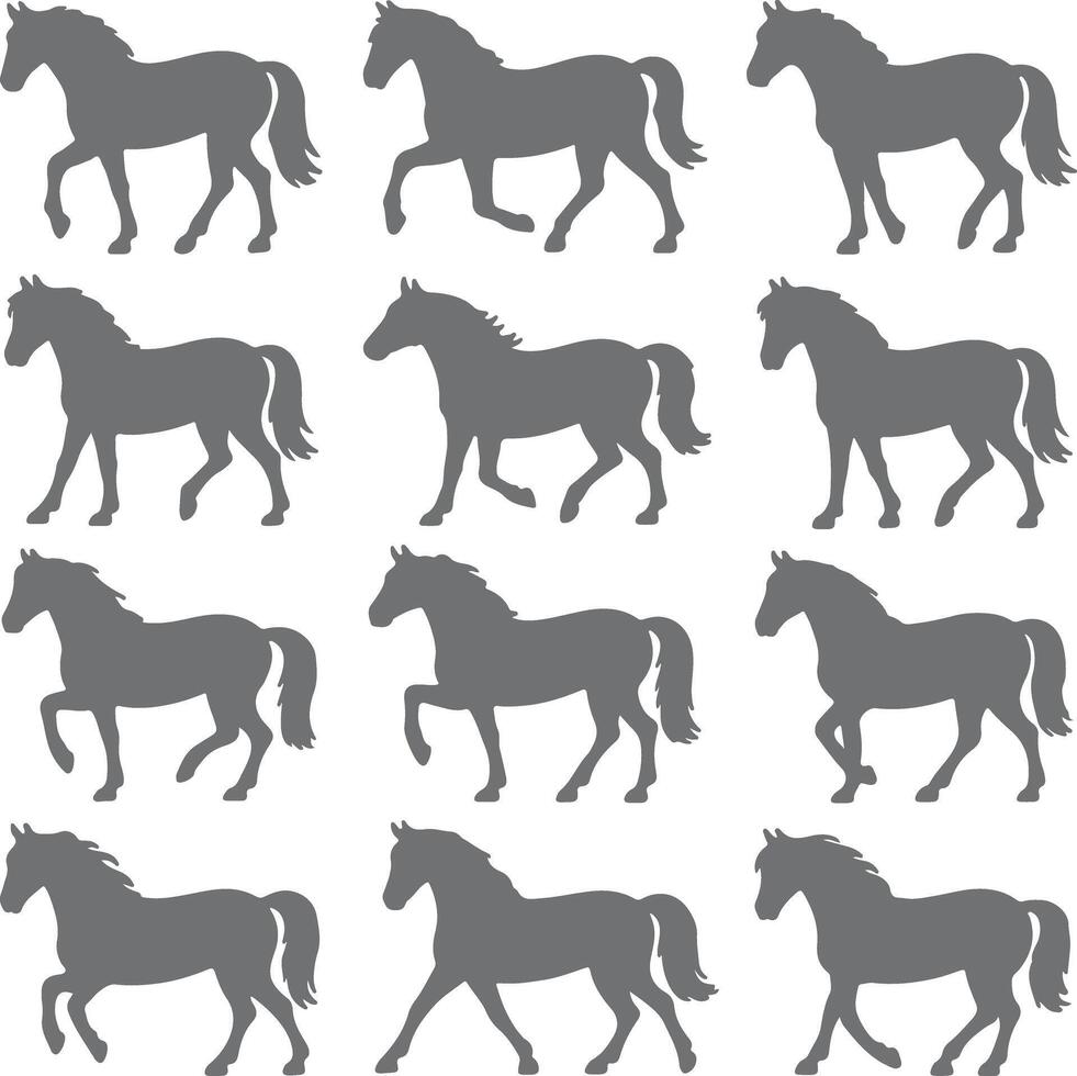 Twelve Gray Horse Silhouettes Walking in Various Gaits on White Background Equine Animal Illustrations Set vector