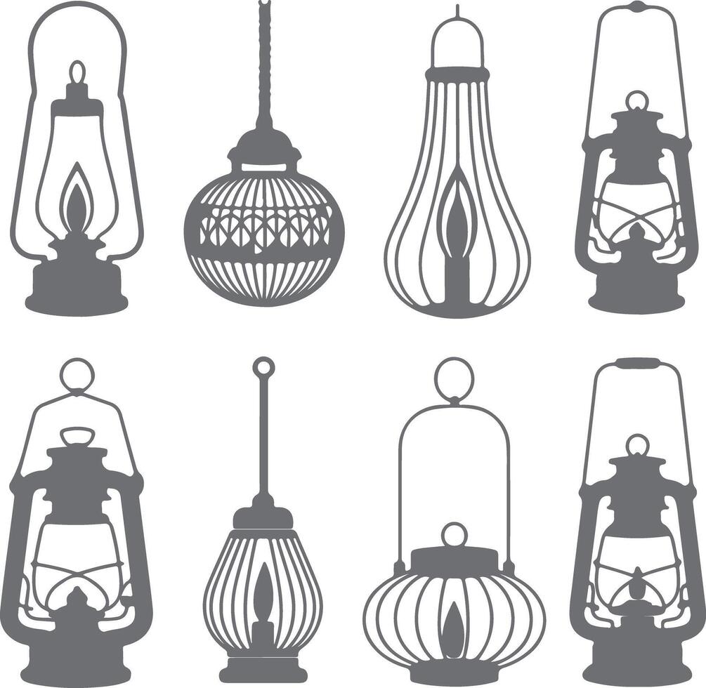 Eight Gray Silhouette Oil Lamps and Lanterns Hanging and Standing Various Styles and Designs vector