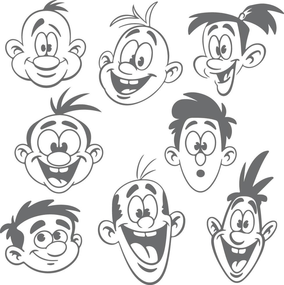 Eight Gray Cartoon Faces Diverse Expressions Happy Smiling Surprised Silly Playful Childish Characters Silhouette Style Illustration Set vector