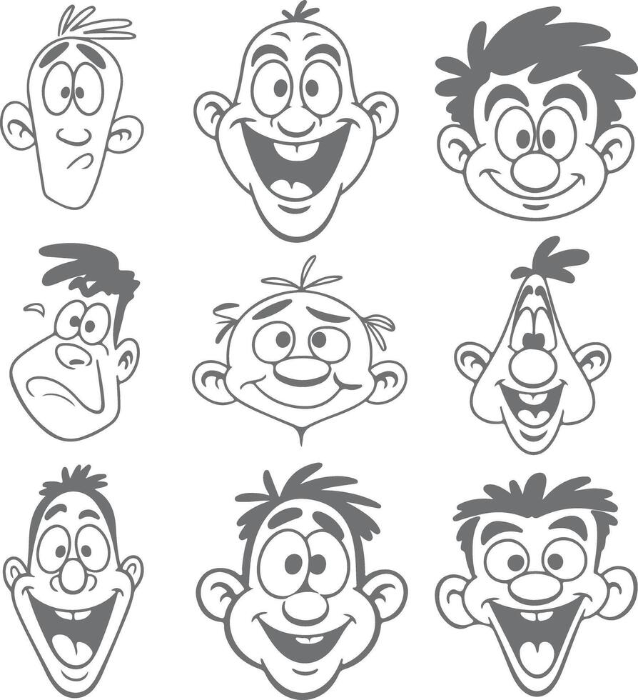 Nine Gray Scale Cartoon Faces Diverse Expressions Happy Sad Silly Silhouette Style Illustrations Set vector