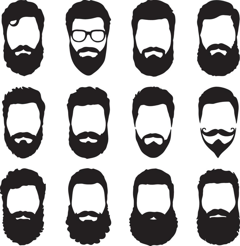 Twelve Black Silhouette Icons of Men with Various Hairstyles and Beard Styles Including Full Beards Goatees and Mustaches vector