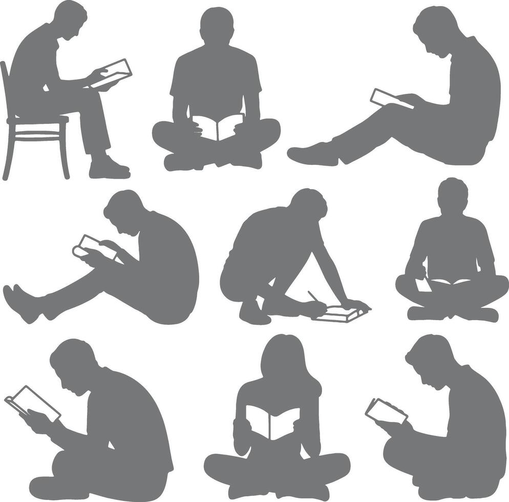 Collection of Gray Silhouettes People Reading Books Various Poses Sitting Floor Chair Studying Learning Education vector