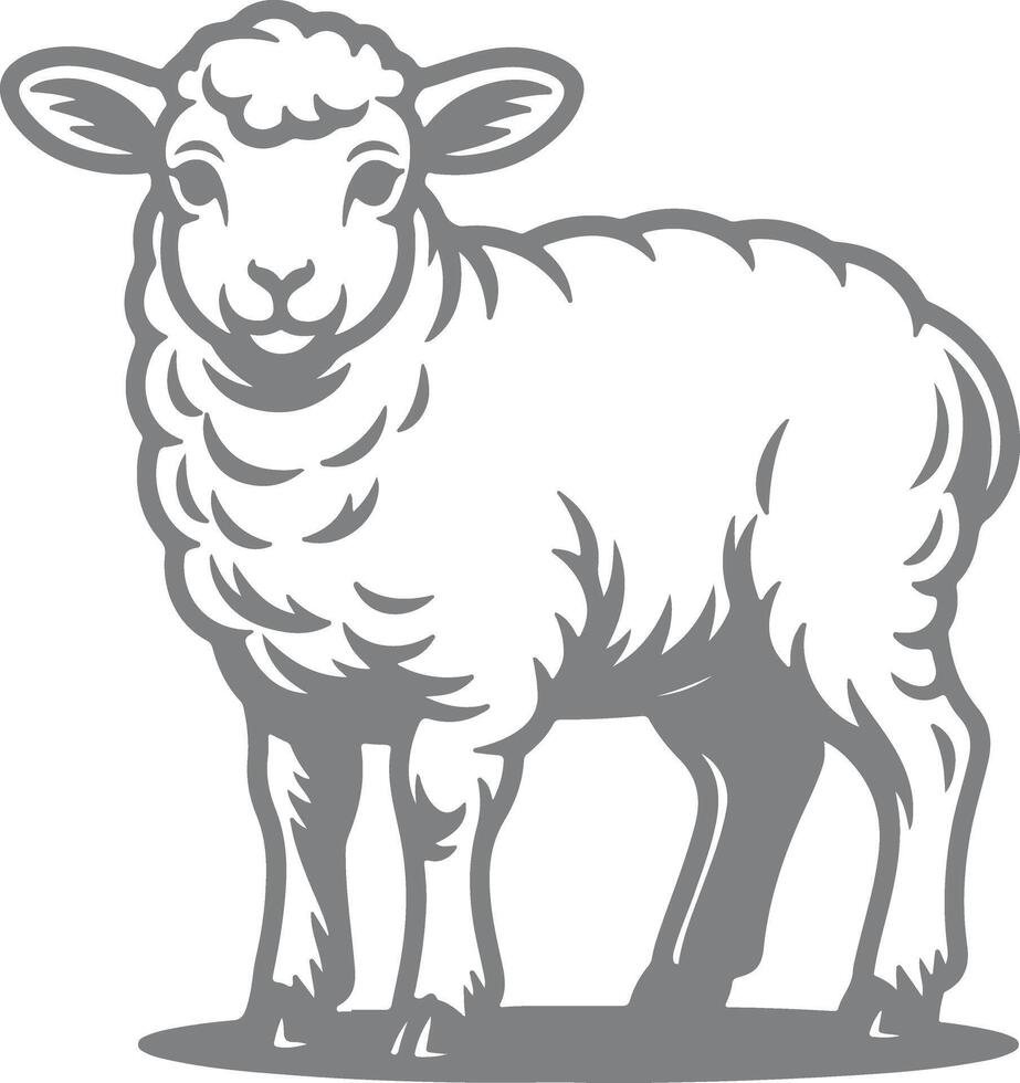 Gray Silhouette of a Lamb Standing on a Gray Ground a Simple Line Art Illustration of a Young Sheep with Fluffy Wool a Detailed Depiction of a vector