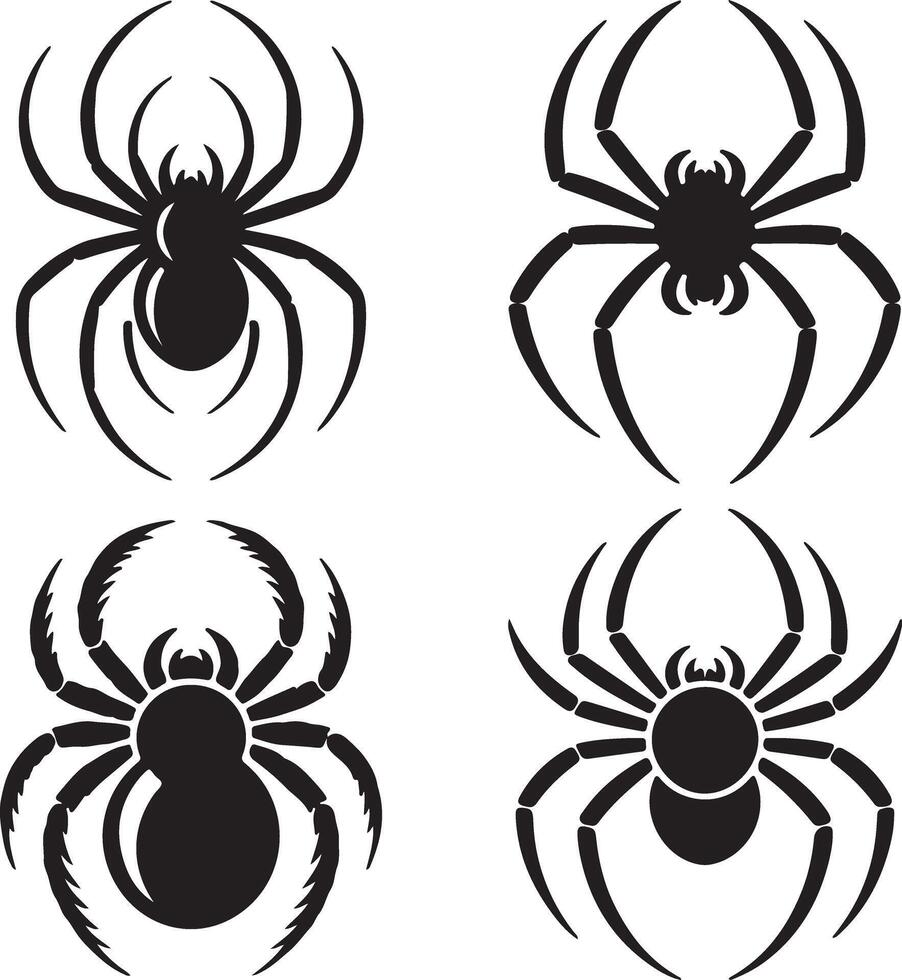 Four Black Spider Silhouettes Stylized Arachnid Designs Illustrations Set Graphic Art vector