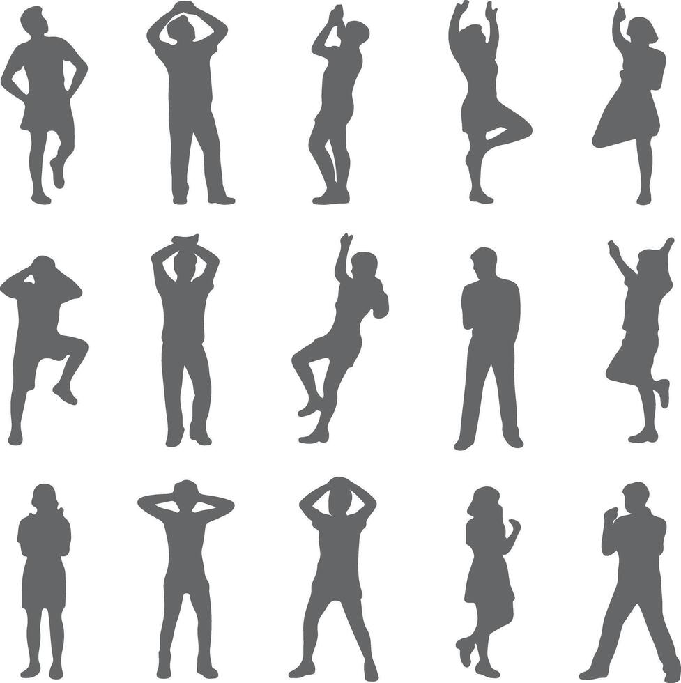 Fifteen Gray Human Silhouettes Diverse Poses Various Actions People Figures Isolated White Background vector