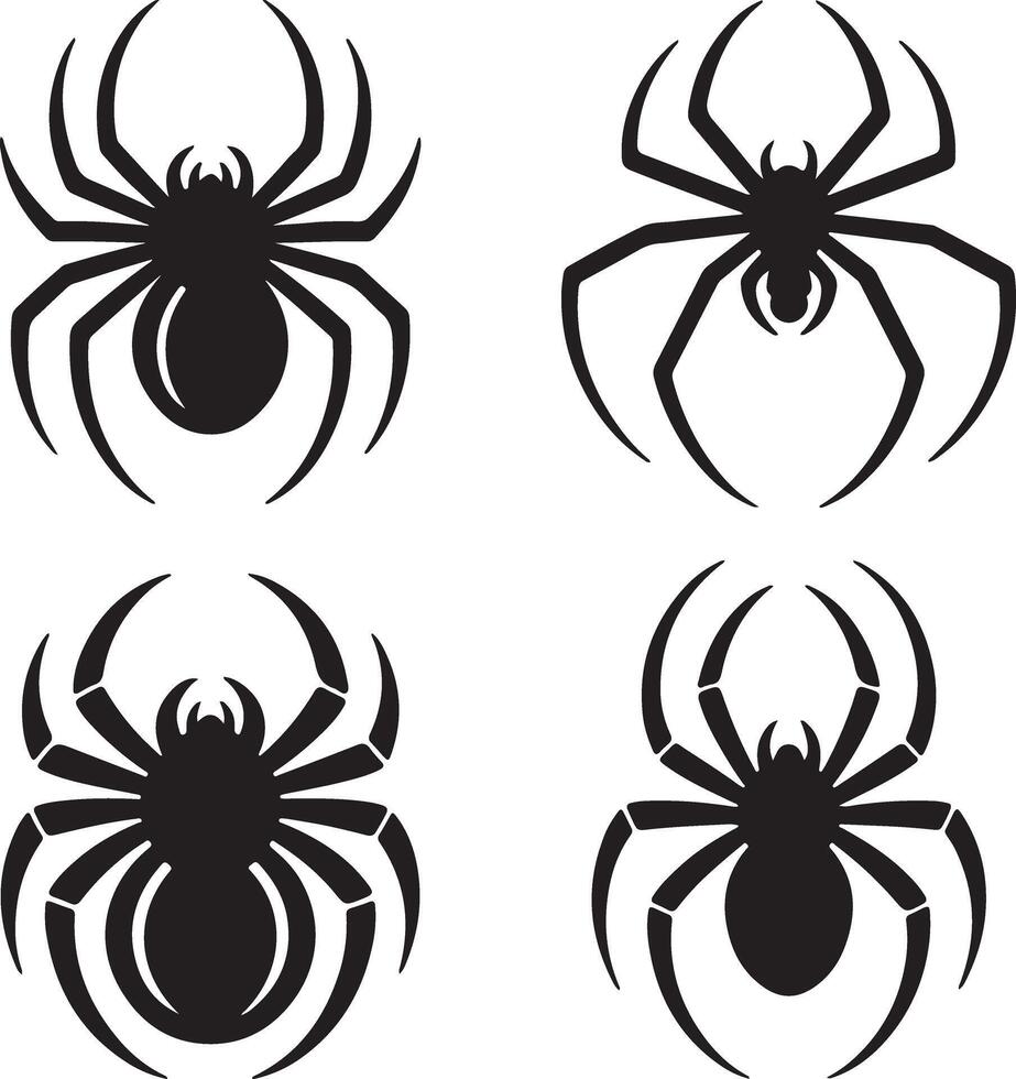 Four Black Spider Silhouettes Stylized Arachnid Designs Illustrations Halloween Insect Art Graphic Set vector