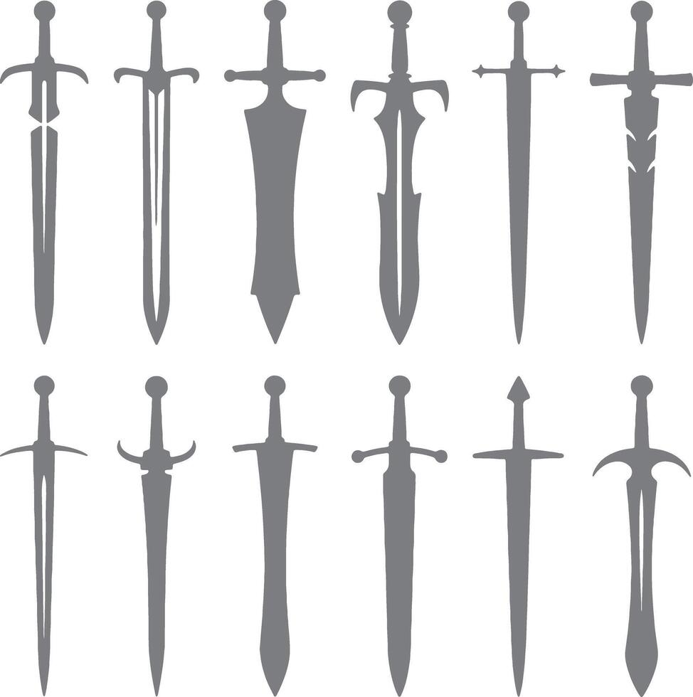 Twelve Gray Sword Silhouettes Various Designs Medieval Weaponry Collection Different Styles Fantasy Game Assets Graphic Elements vector