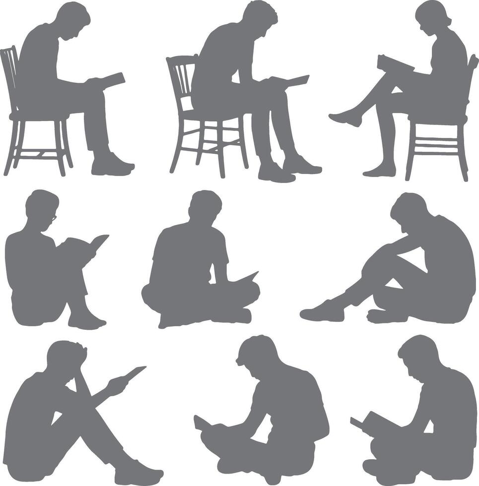 Nine Gray Silhouettes of People Reading Books and Tablets in Various Seated Positions Some Sitting in Chairs Others on the Floor vector