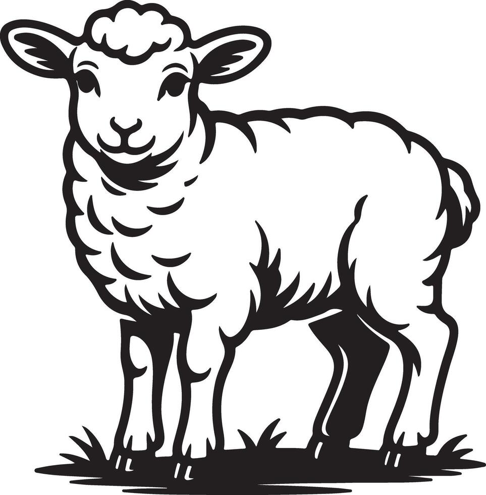 Black and White Silhouette of a Lamb Standing in Grass a Simple Line Art Style Illustration of a Young Sheep vector
