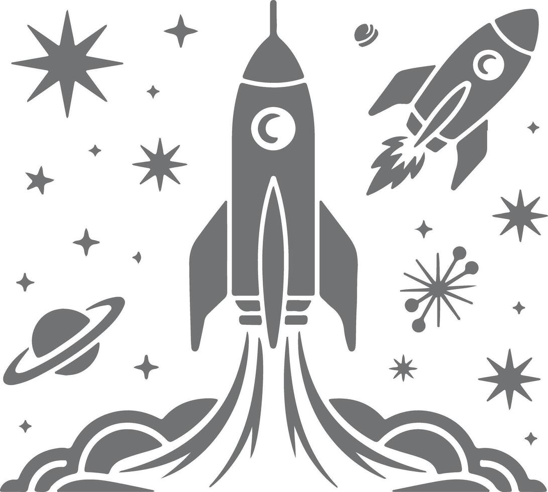 Grey Silhouette Rockets Launching into Space with Stars and Planets Simple Space Illustration vector