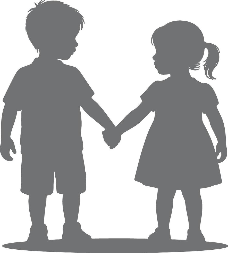 Gray Silhouette of Boy and Girl Holding Hands Simple Childlike Illustration Friendship Innocence Childhood Togetherness vector