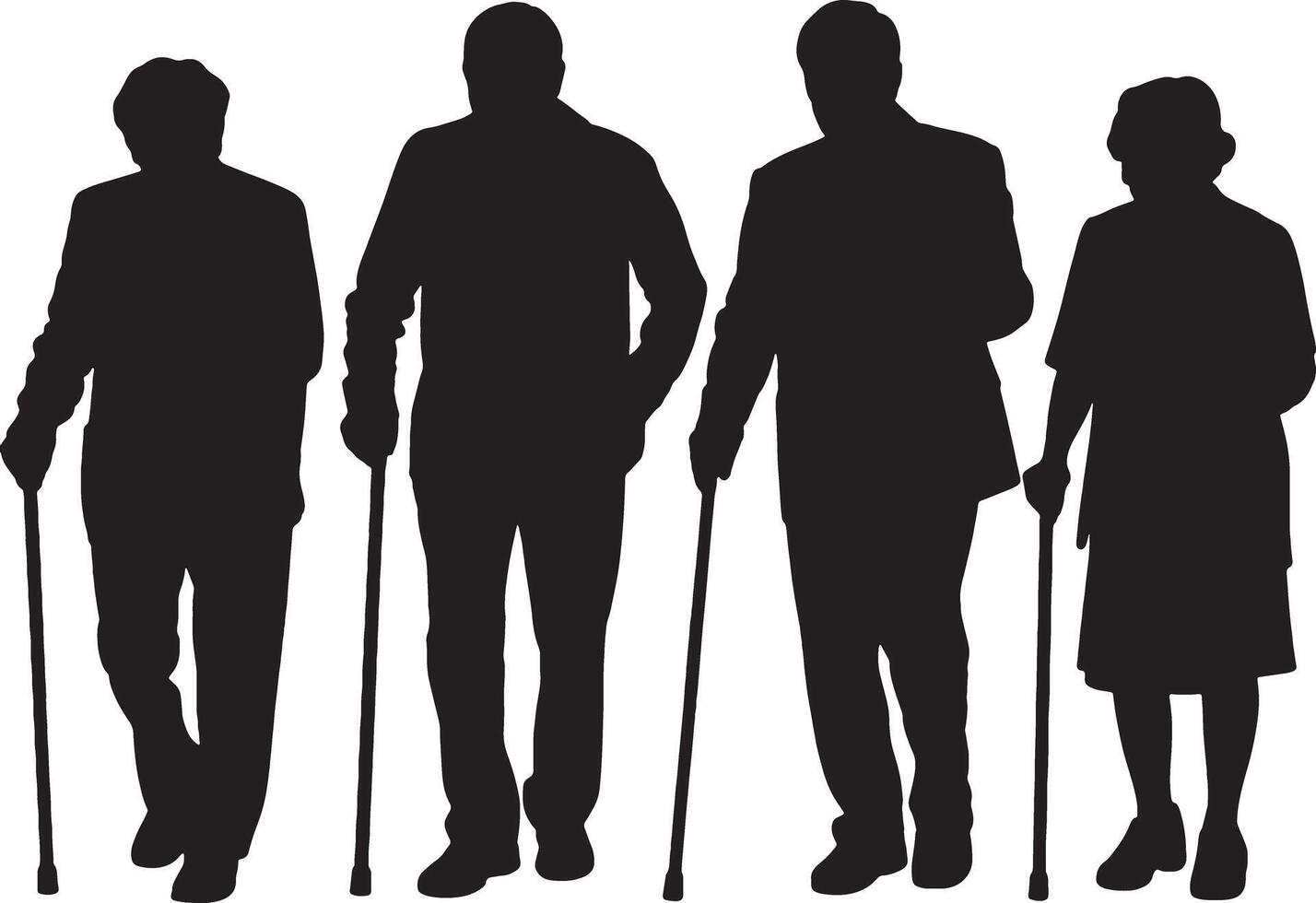 Four Black Silhouettes of Elderly People Walking with Canes Against a White Background a Simple Graphic Representation of Aging and Mobility vector