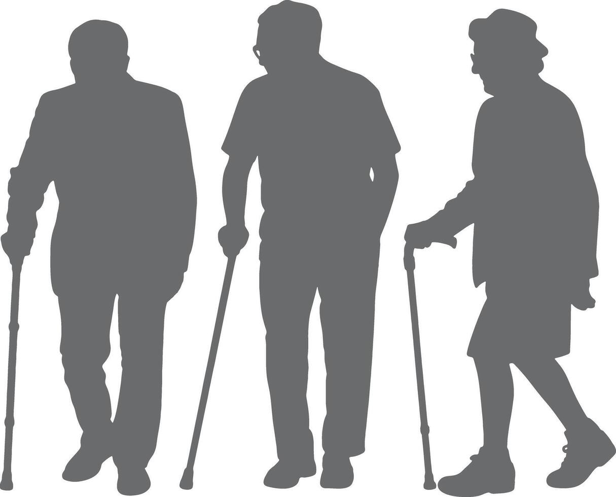 Three Gray Silhouettes of Elderly People Walking with Canes Against a White Background Senior Citizens Walking Aid Support Elderly Care vector